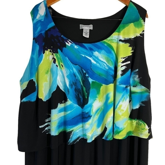 Catherines Sleeveless Midi Dress Blk Floral Watercolor 3X - Picture 3 of 6